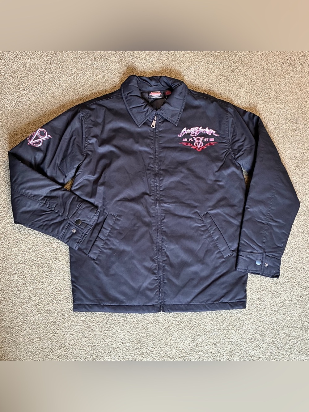 Barrett Jackson Lined Jacket Mens M Black Full Zip Embroidered Racing Coat NWT